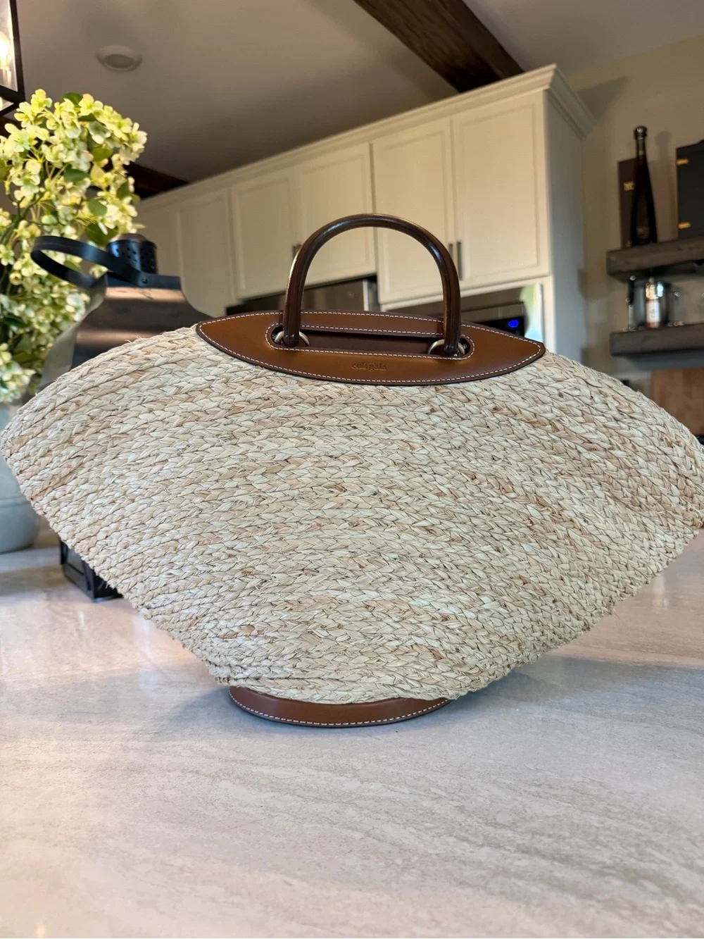 Cult Gaia Wanda Woven Straw Tote with Brown Leather Trim